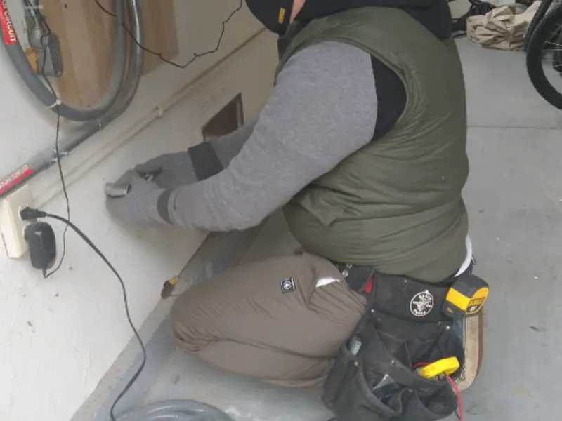 Electrician performing outlet wiring in a Bridgewater Town garage